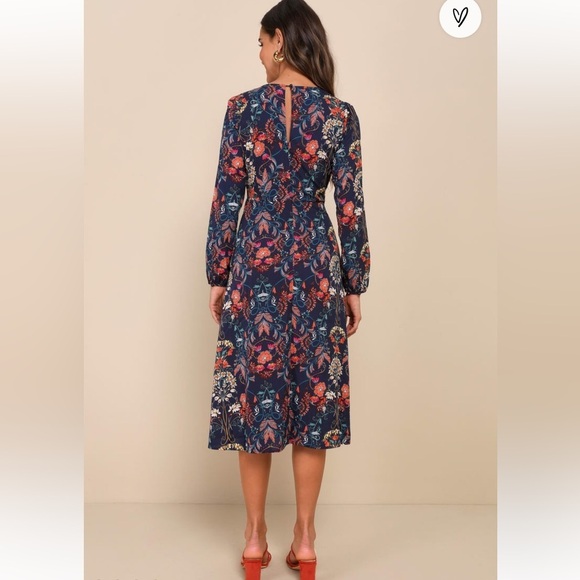 Garden Splendor Navy Blue Floral Print Long Sleeve Midi Dress - Picture 2 of 7